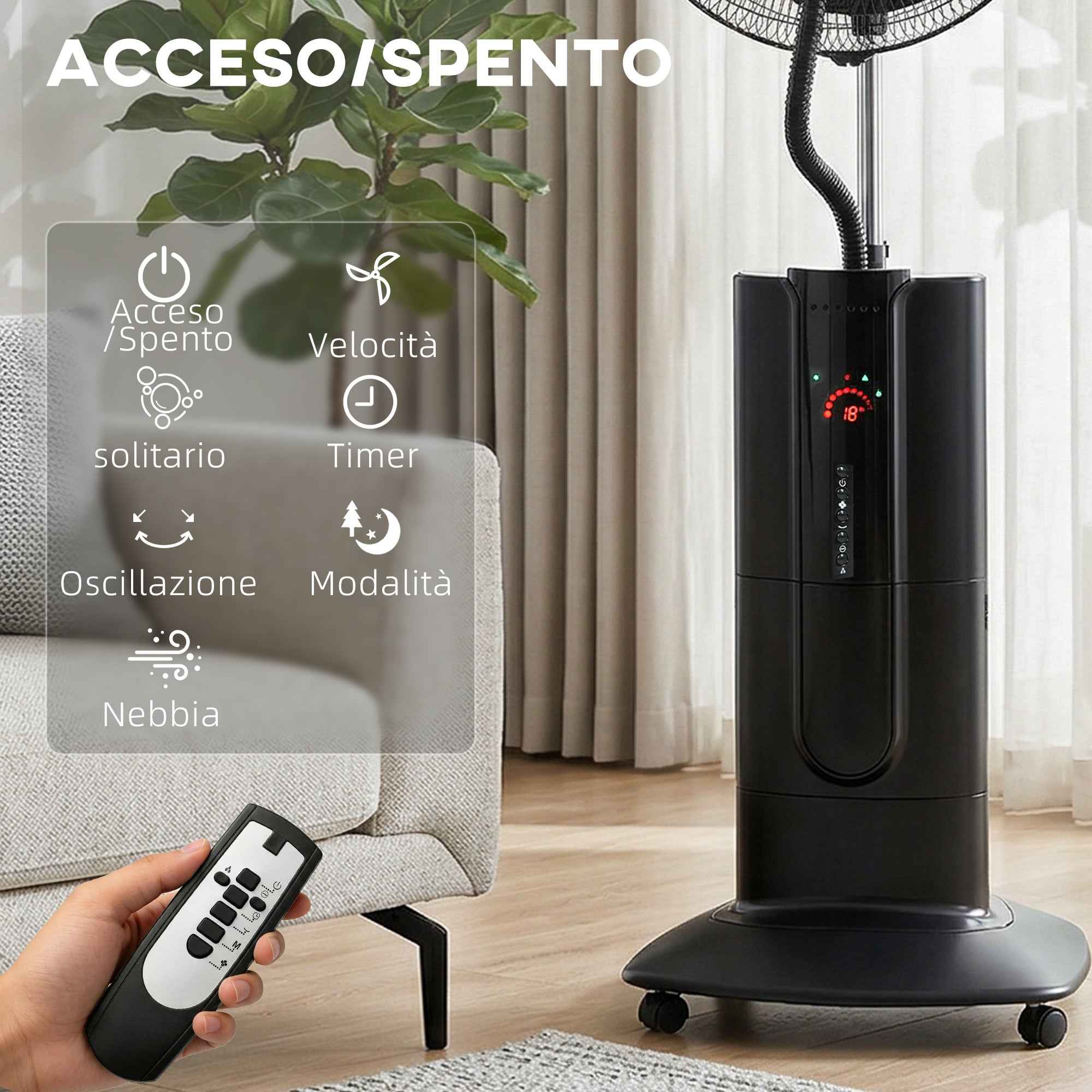 3-in-1 Oscillating Pedestal Fan with Water Mist, Remote Control, and 9-Hour Timer, 45 x 38 x 130 cm, Black