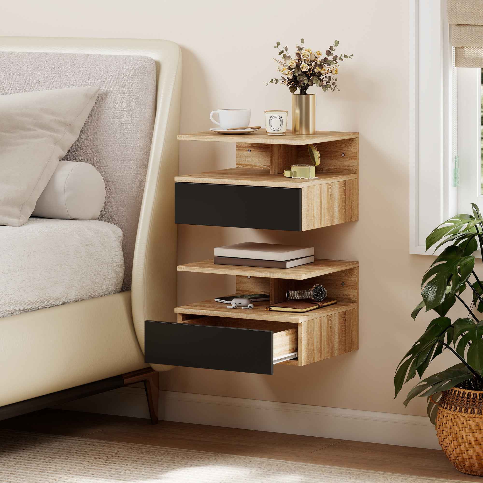 HOMCOM Set of 2 Floating Bedside Tables with Drawer and Open Shelf, 35x32x22.5 cm, Black and Oak