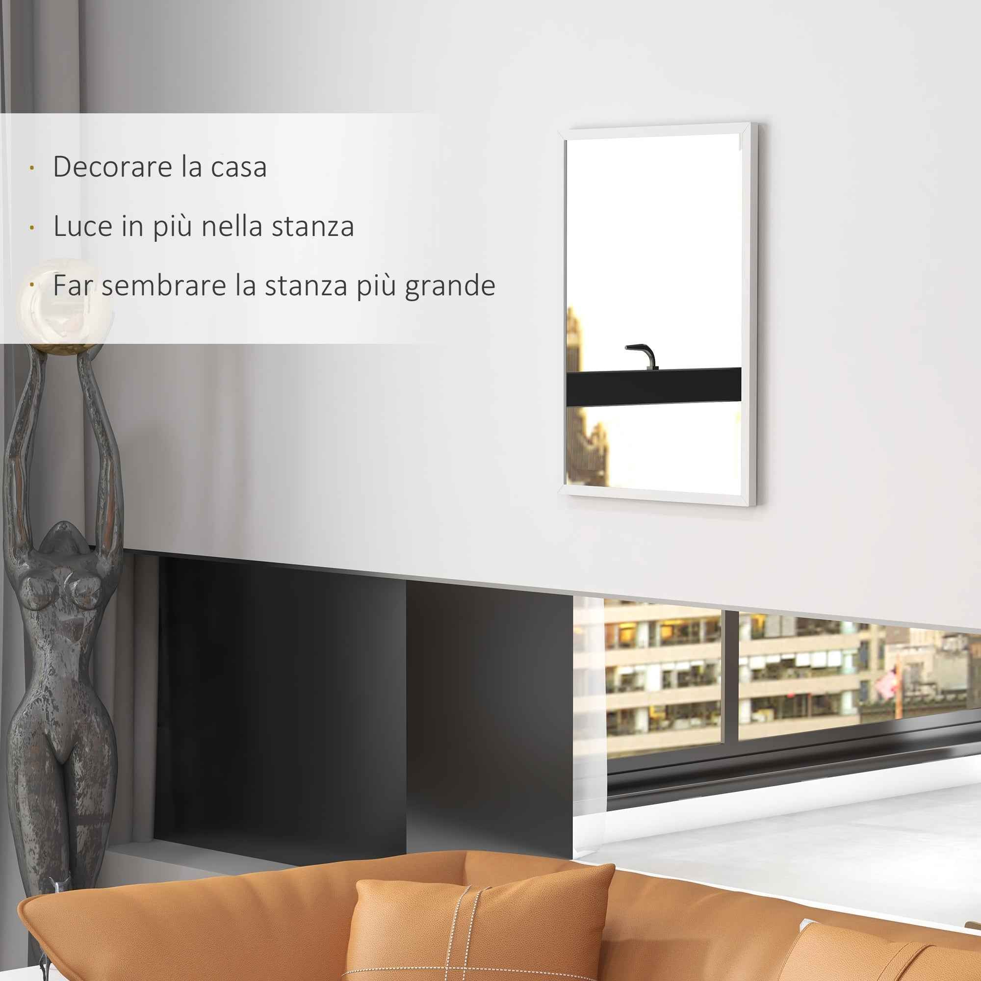 HOMCOM Rectangular Wall Mirror with Hooks, Glass and MDF, 50x70 cm, White