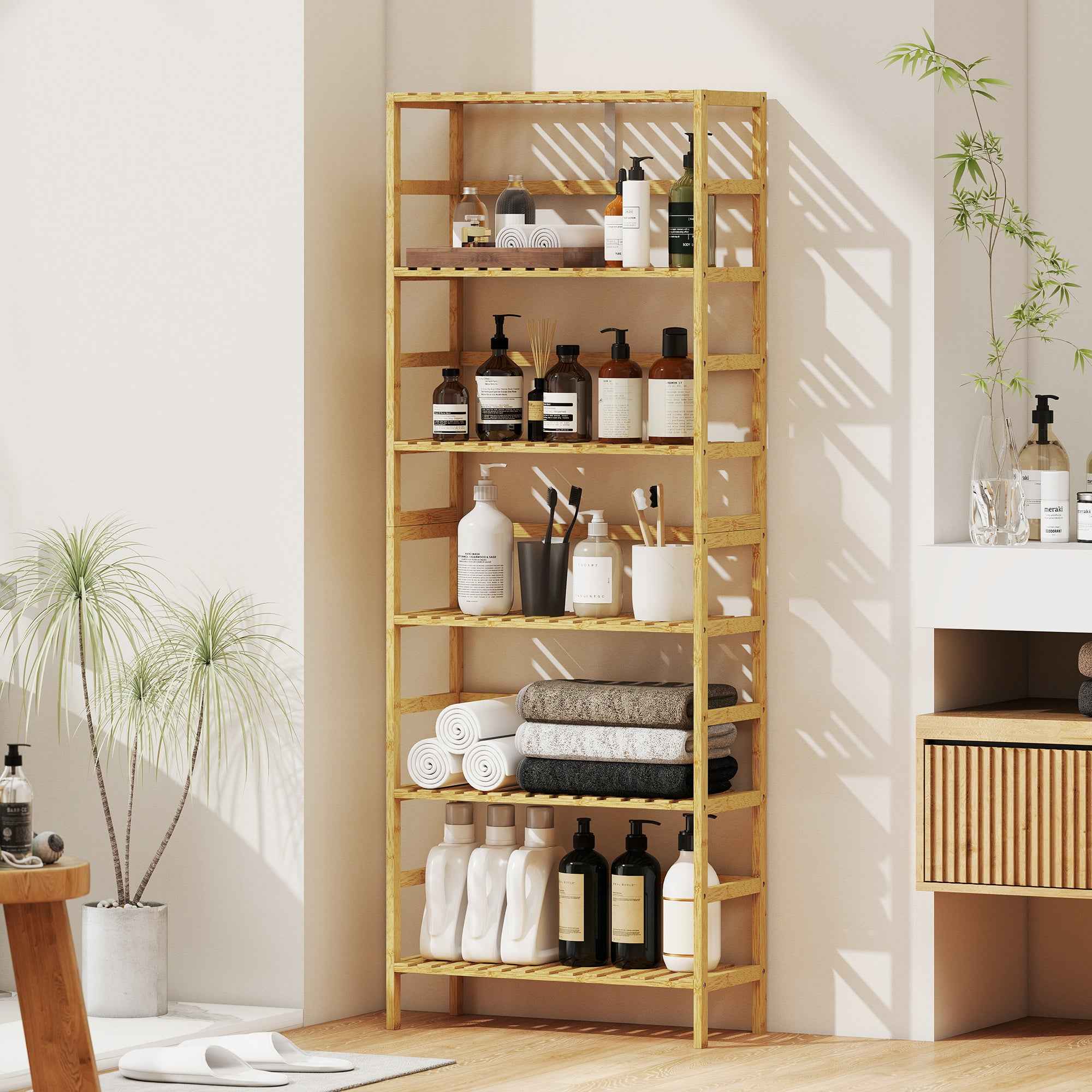 HOMCOM 6-Tier Bamboo Bookshelf with Adjustable Shelves, 60x26x161cm, Natural Wood