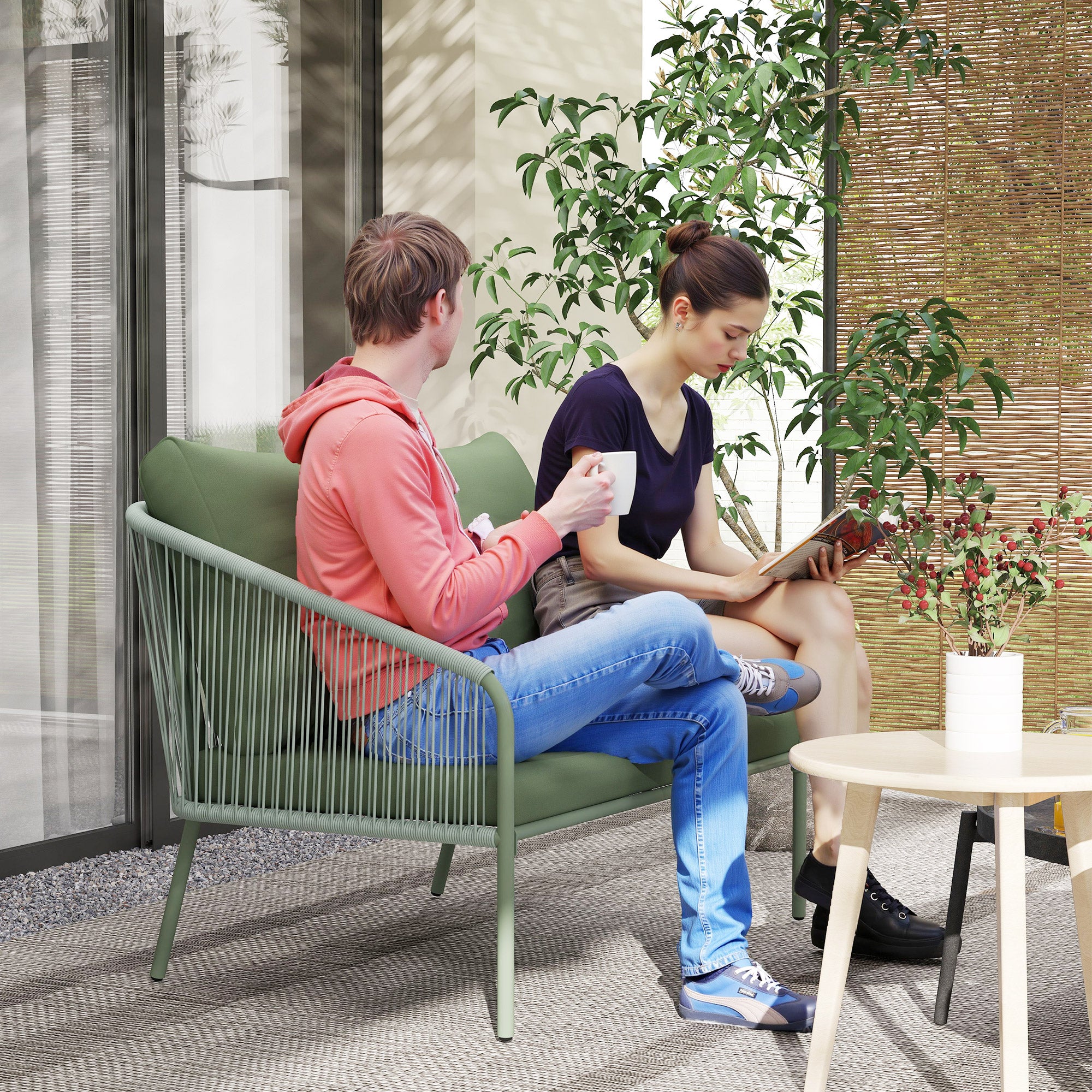 2 Seater PE Rattan Garden Sofa Boho Style with Removable Cushions and Armrests, Green