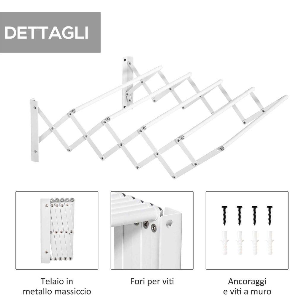 HOMCOM Retractable Wall-Mounted Clothes Airer for Indoor and Outdoor Use, 63.5 x 60 x 20 cm, White