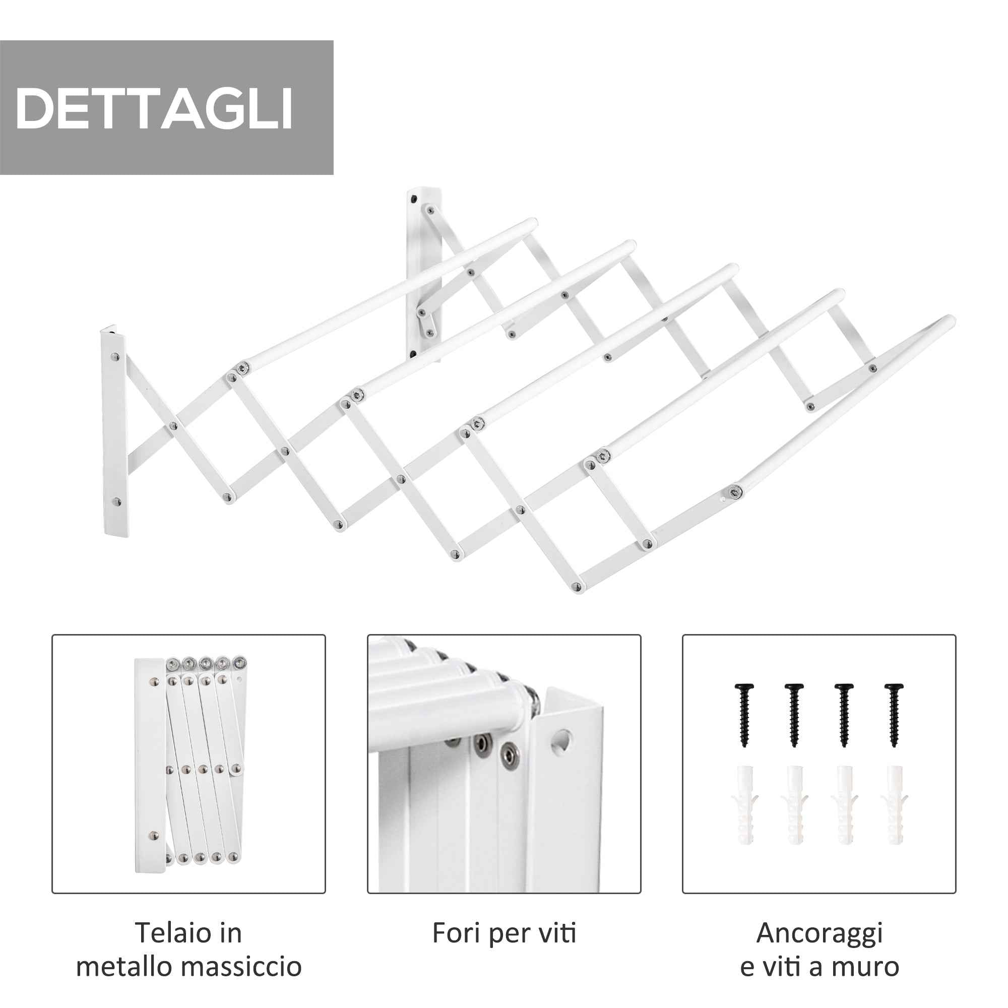 HOMCOM Retractable Wall-Mounted Clothes Airer for Indoor and Outdoor Use, 63.5 x 60 x 20 cm, White