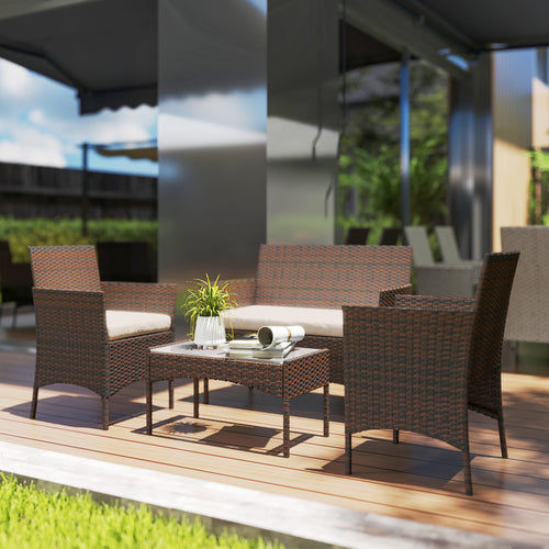4 Piece Garden Set with 2 Seater Sofa, 2 Chairs and Coffee Table, in Rattan and Steel, Beige and Brown