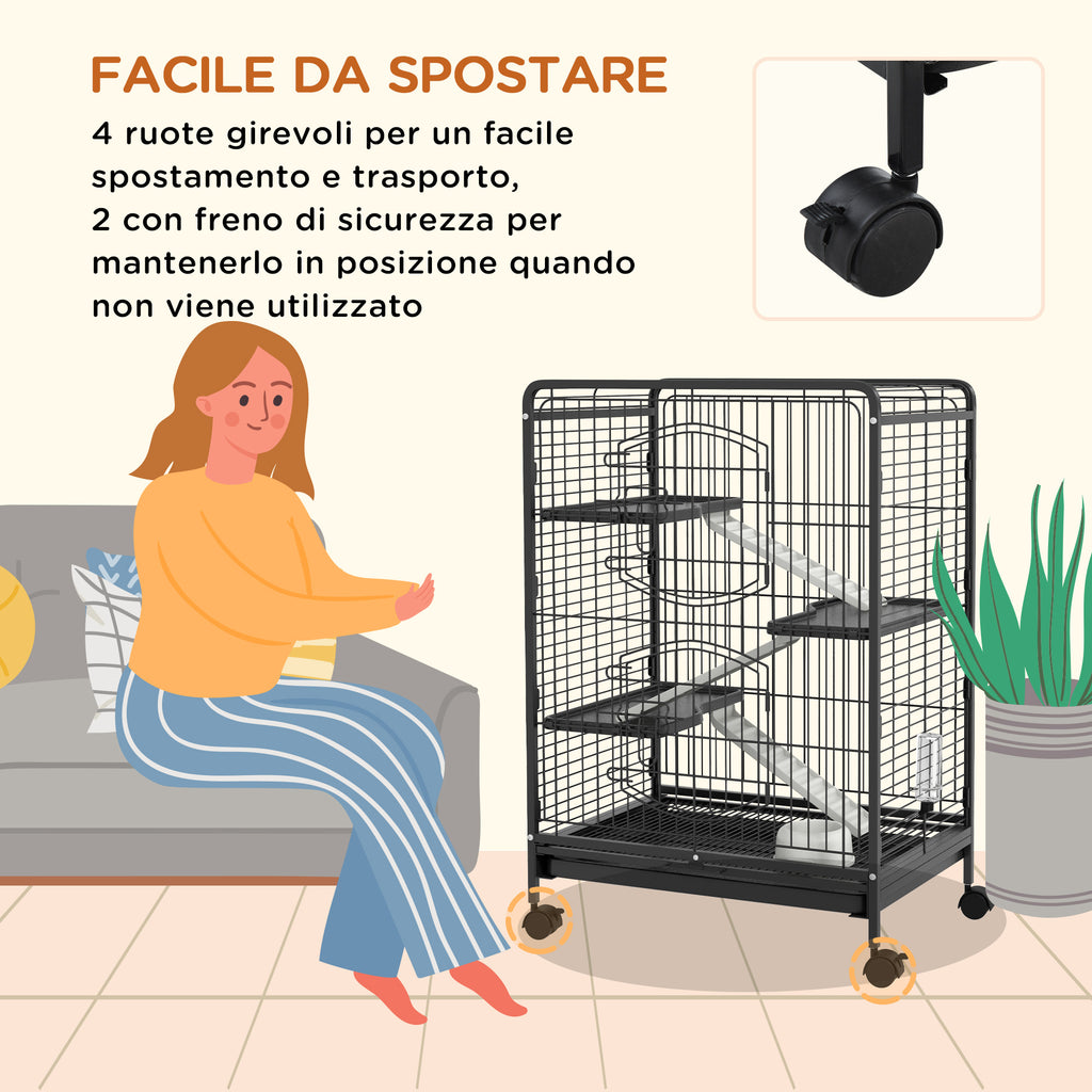 Small Animal Cage with Wheels, Rabbit and Chinchilla Cage with 3 Ramps and 3 Platforms, Bowl and Bottle, 61.5x44x95 cm, Black