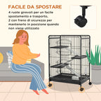 Small Animal Cage with Wheels, Rabbit and Chinchilla Cage with 3 Ramps and 3 Platforms, Bowl and Bottle, 61.5x44x95 cm, Black