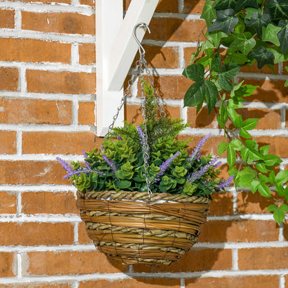 Set of 2 artificial Lavender Plants with Pot and Hook, in PE and Wicker, Ø25x34 cm, Green and Purple