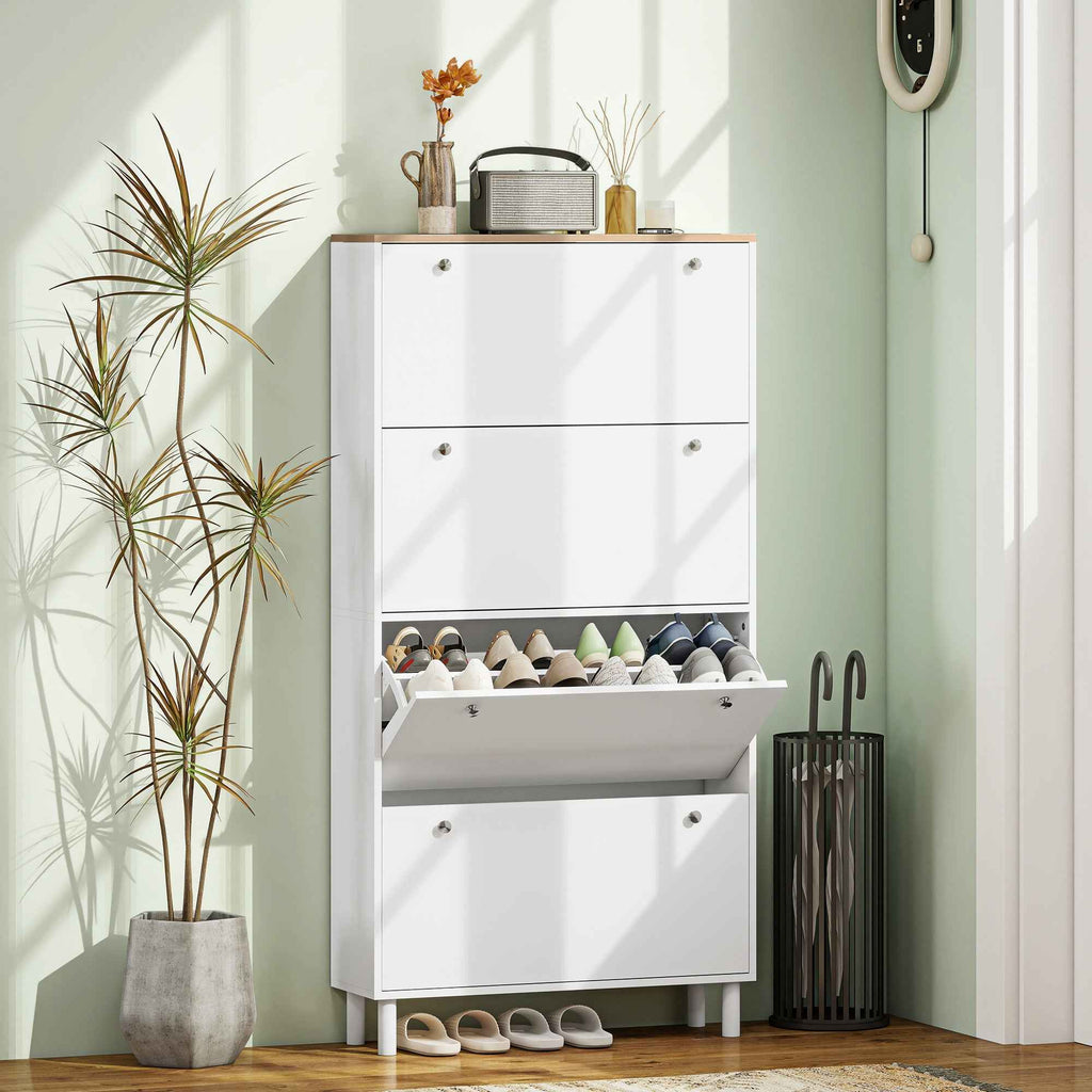 HOMCOM Slim Shoe Rack with 4 Folding Drawers and Adjustable Shelves for 24-32 Shoes, 80x23.5x157 cm, White