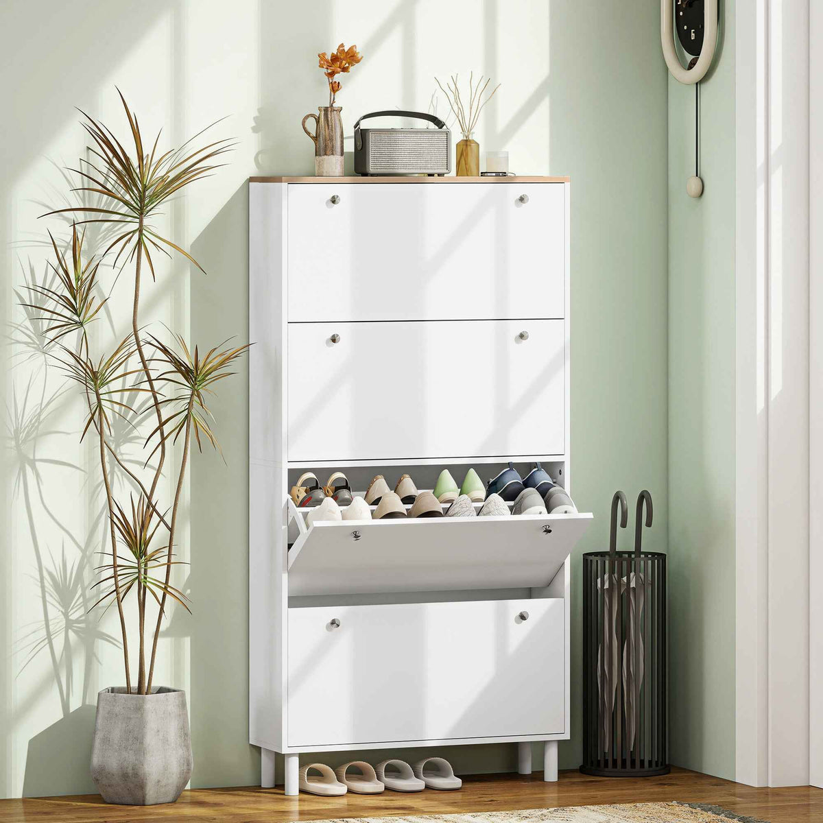 HOMCOM Slim Shoe Rack with 4 Folding Drawers and Adjustable Shelves for 24-32 Shoes, 80x23.5x157 cm, White