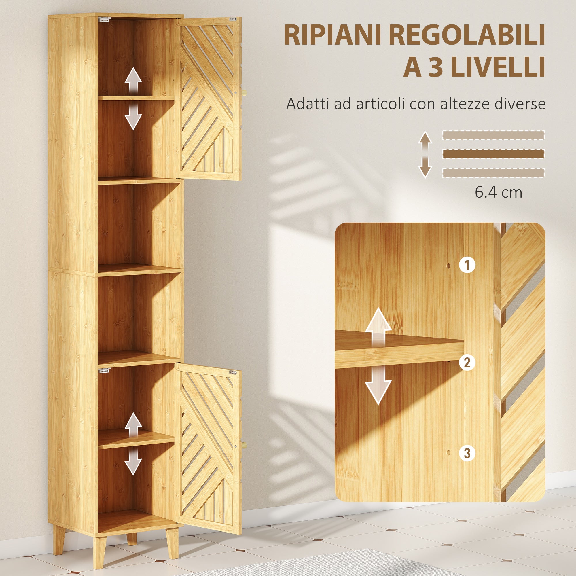 Bathroom Cabinet with 2 Cabinets and 2 Shelves with Adjustable Shelf, in Bamboo and Chipboard, 32x30x170 cm