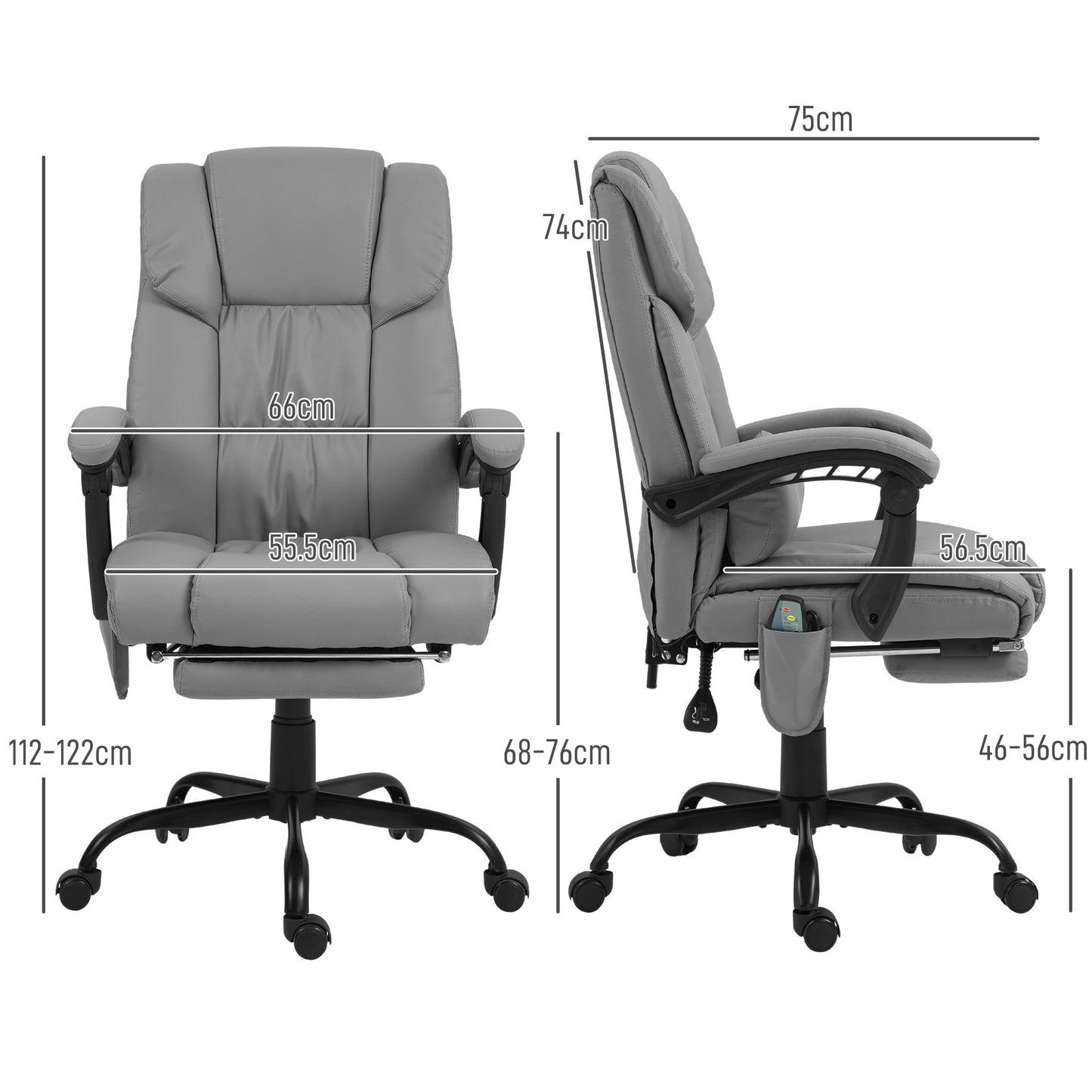 Massage and Recliner Chair with Footrest, in Faux Leather and Steel, 66x75x112-122 cm, Grey