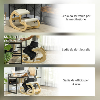 Kneeling Chair with Rocking Movement, in Linen Effect Fabric and Birch Wood, 55x85x55 cm, Cream