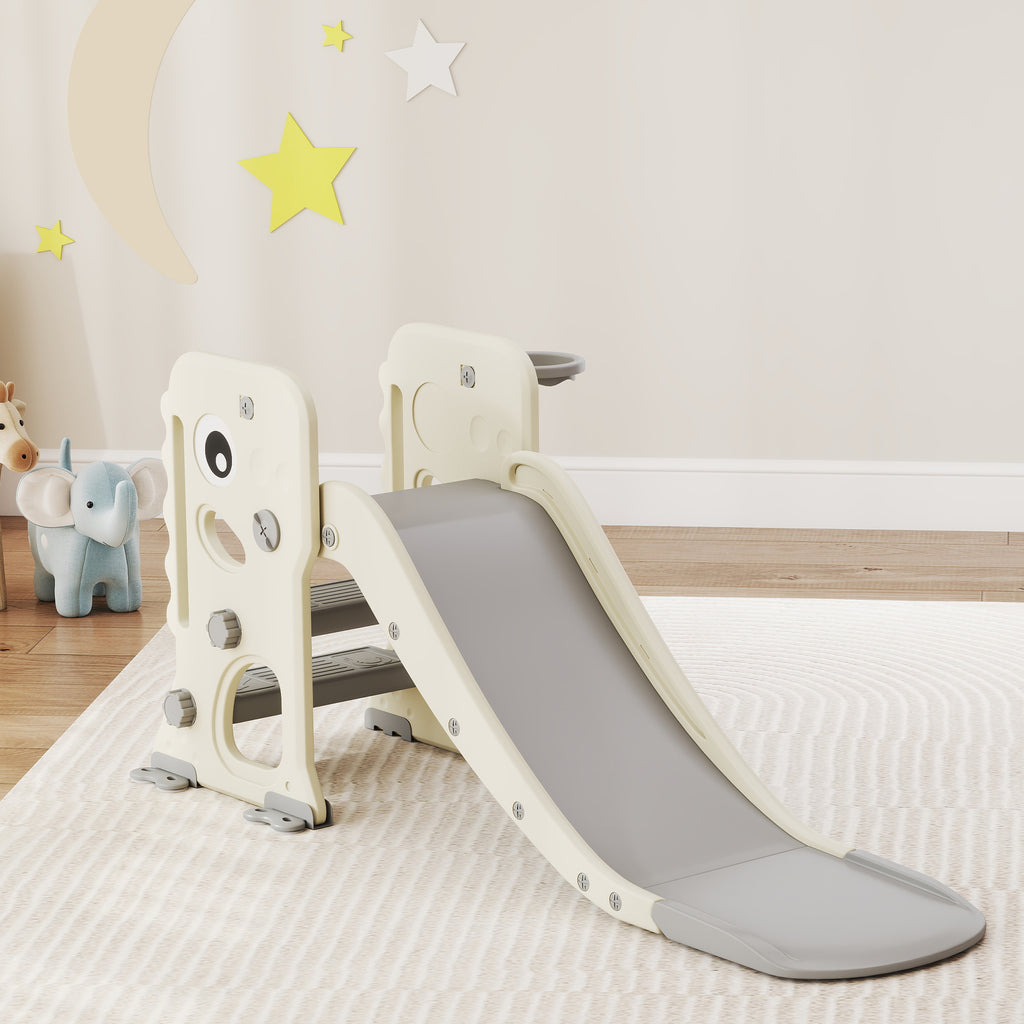 Foldable Children's Slide with Basketball Hoop and Ball, Made of PP and HDPE, 146x52x65 cm, Grey and Cream