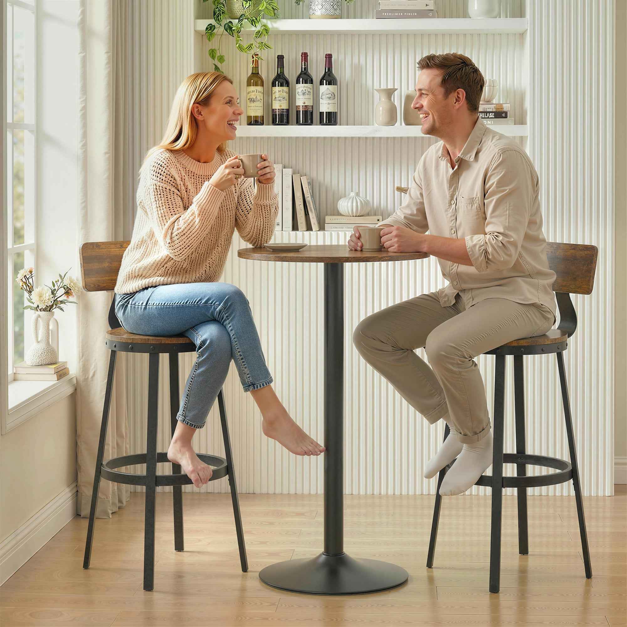 Set of 2 Rustic Bar Stools with Footrest, Wood and Metal, 37x47x96 cm, Brown