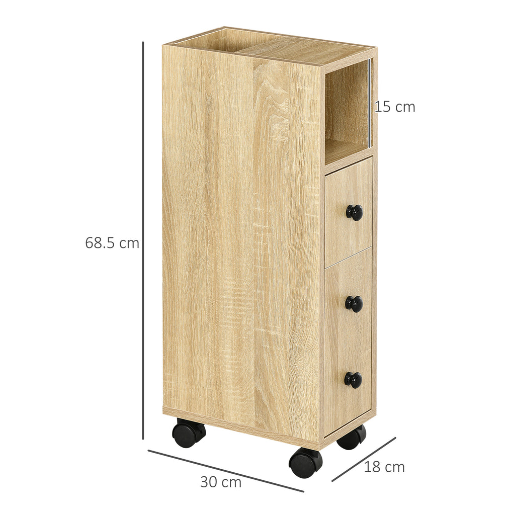 Kleankin Bathroom Cabinet, Bathroom Furniture with 4 Wheels, 1 Drawer, 1 Cabinet with Door, 2 Open Cabinets, Oak Color, 18x30x68.5 cm