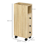 Kleankin Bathroom Cabinet, Bathroom Furniture with 4 Wheels, 1 Drawer, 1 Cabinet with Door, 2 Open Cabinets, Oak Color, 18x30x68.5 cm