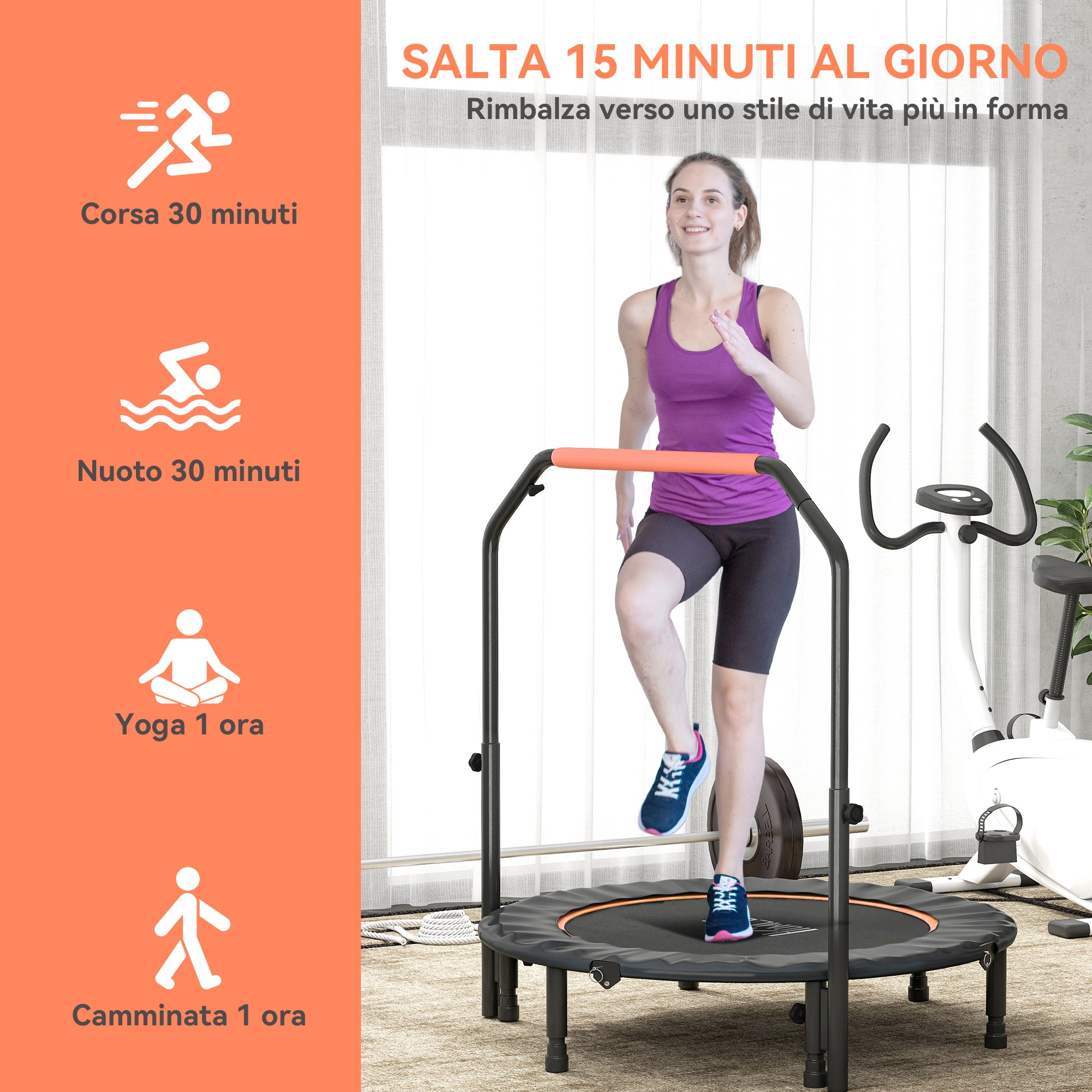 HOMCOM Mini Fitness Trampoline Ø114 cm Foldable with Height-Adjustable Handlebar, Orange and Black