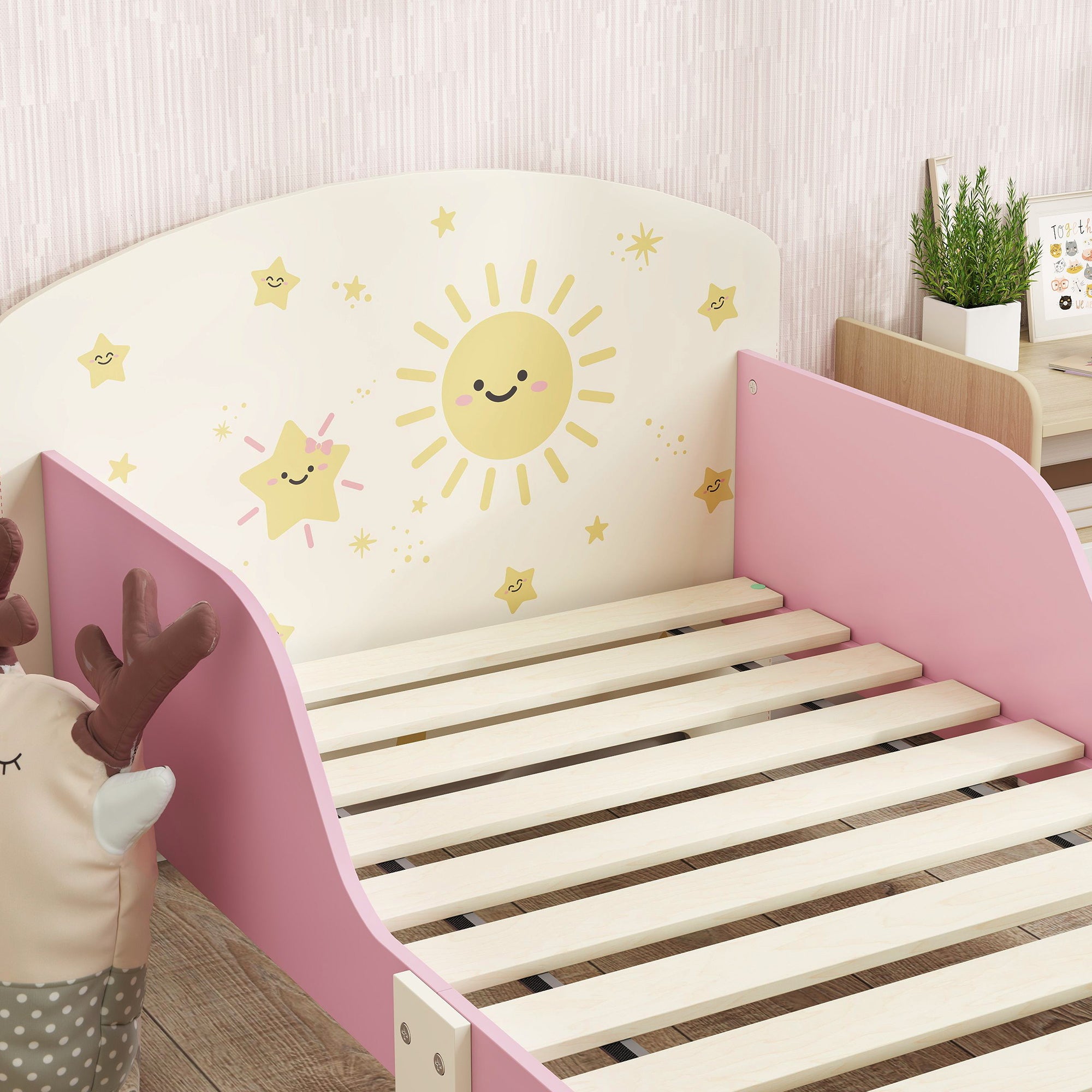 Children's Bed for 3-8 Years Old, Low, Wooden, with Storage Space and Side Rails, 150x77x60 cm, Pink