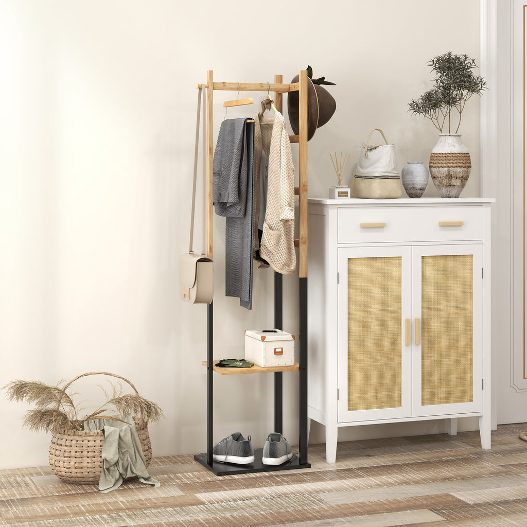 Freestanding Coat Rack with Central Bar, 4 Side Bars, 2 Hooks and 2 Shelves, Wood and Black