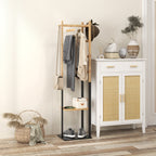 Freestanding Coat Rack with Central Bar, 4 Side Bars, 2 Hooks and 2 Shelves, Wood and Black
