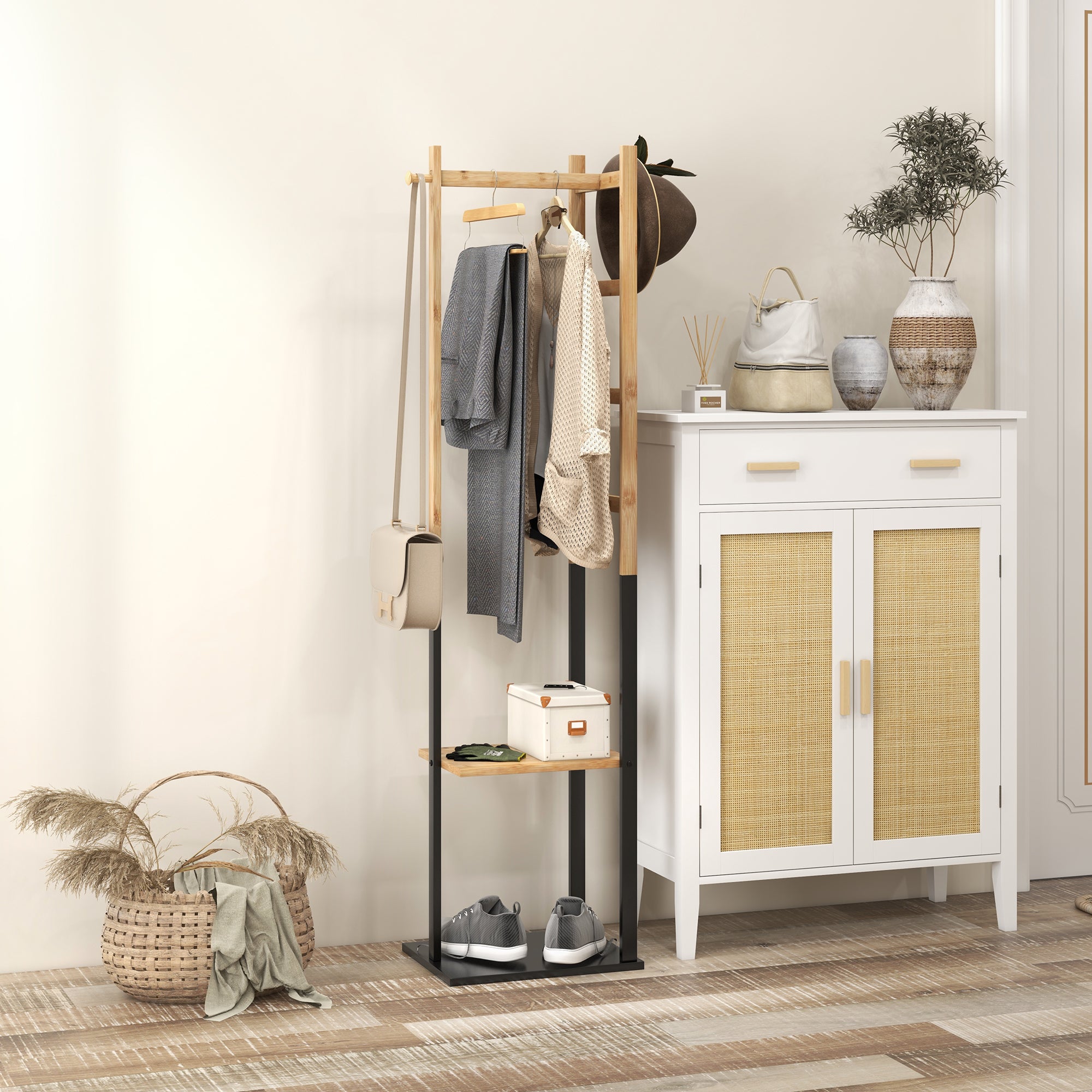 Freestanding Coat Rack with Central Bar, 4 Side Bars, 2 Hooks and 2 Shelves, Wood and Black