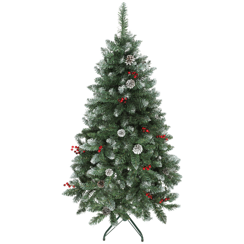 150cm Indoor Christmas Tree with 398 Branches, Pine Cones and Red Berries, Metal Base, Green