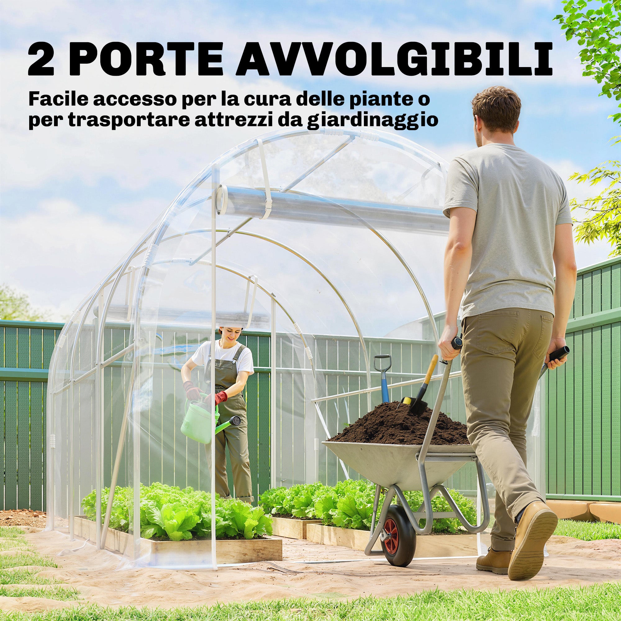 Outsunny 2x3x2 m Tunnel Greenhouse with Roller Doors, Steel Frame and Anti-UV PE Cover, Transparent