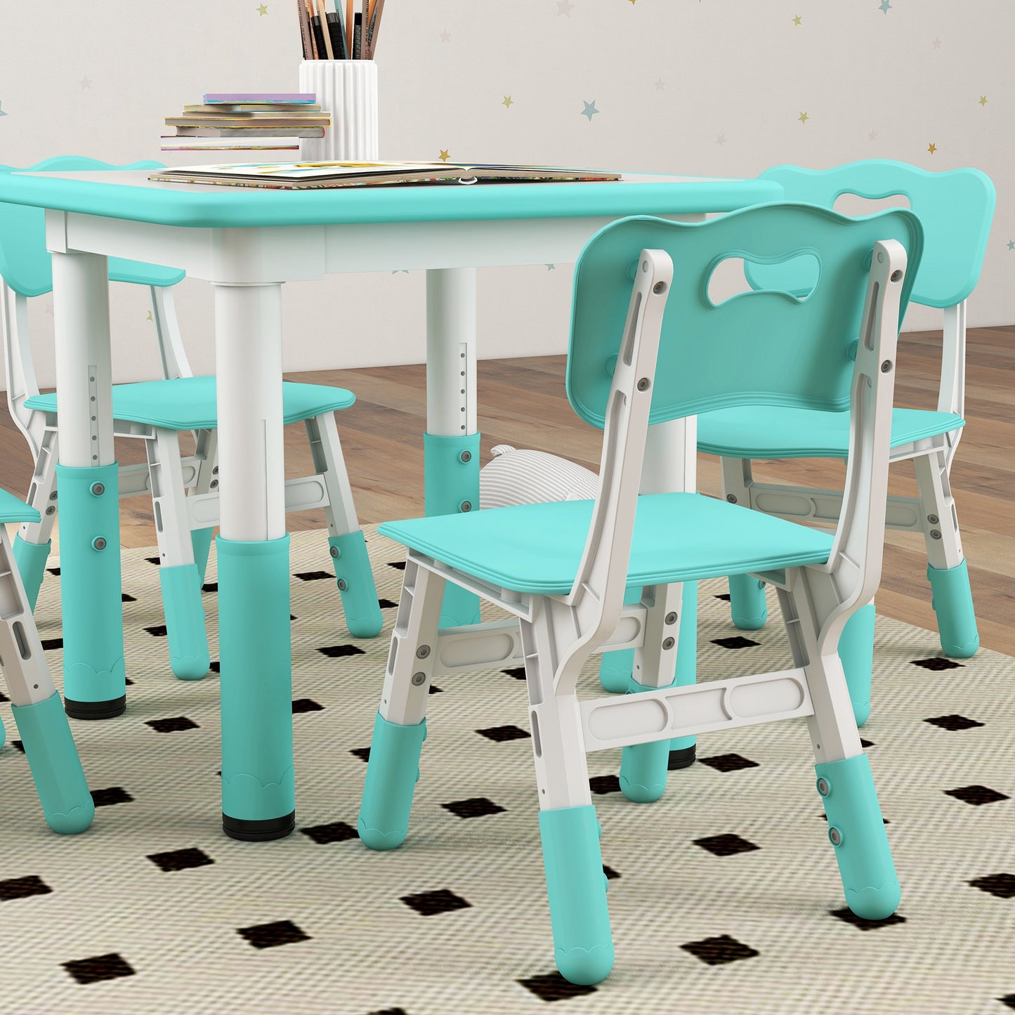 Children's Table and Chair Set 5pcs with 4 Adjustable Chairs 32x36x52.5-56 cm and Table 60x60x46-58 cm, Green