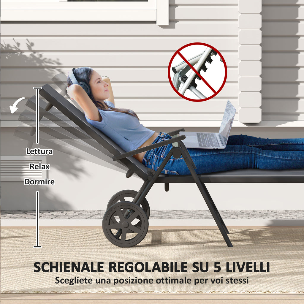 Folding and Reclining Deckchair in 5 Positions with Wheels, in Metal and Textilene, 72x158x84 cm, Gray