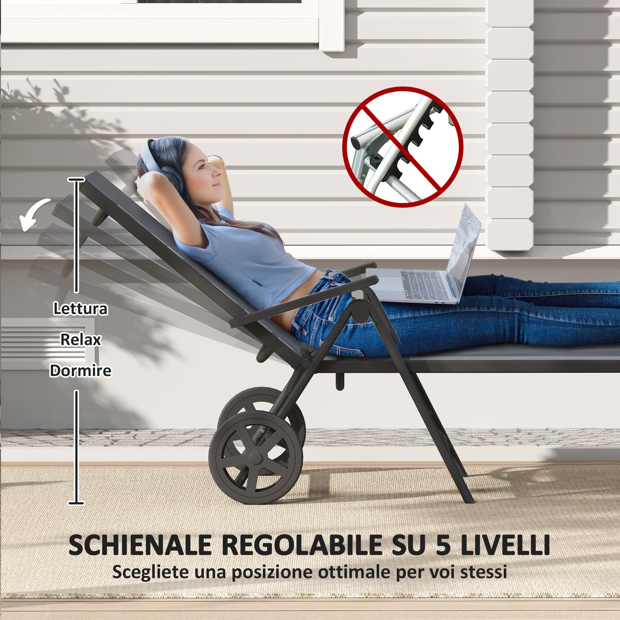 Folding and Reclining Deckchair in 5 Positions with Wheels, in Metal and Textilene, 72x158x84 cm, Gray