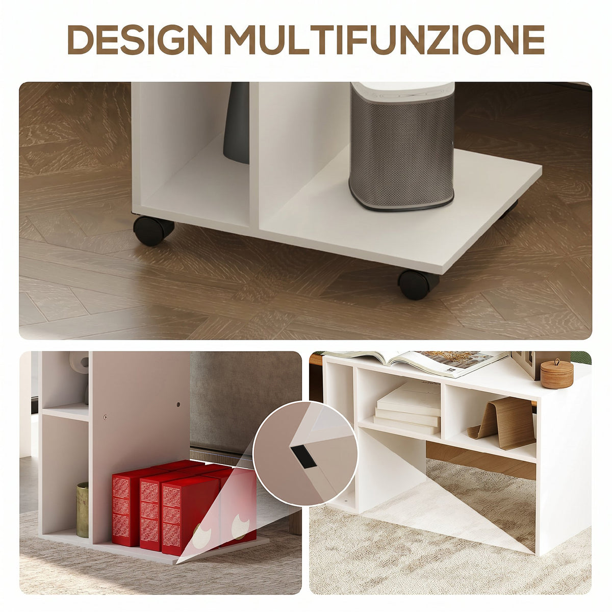 HOMCOM C-Shaped Wooden Coffee Table with Wheels and Open Shelf, 40x30x69 cm, White