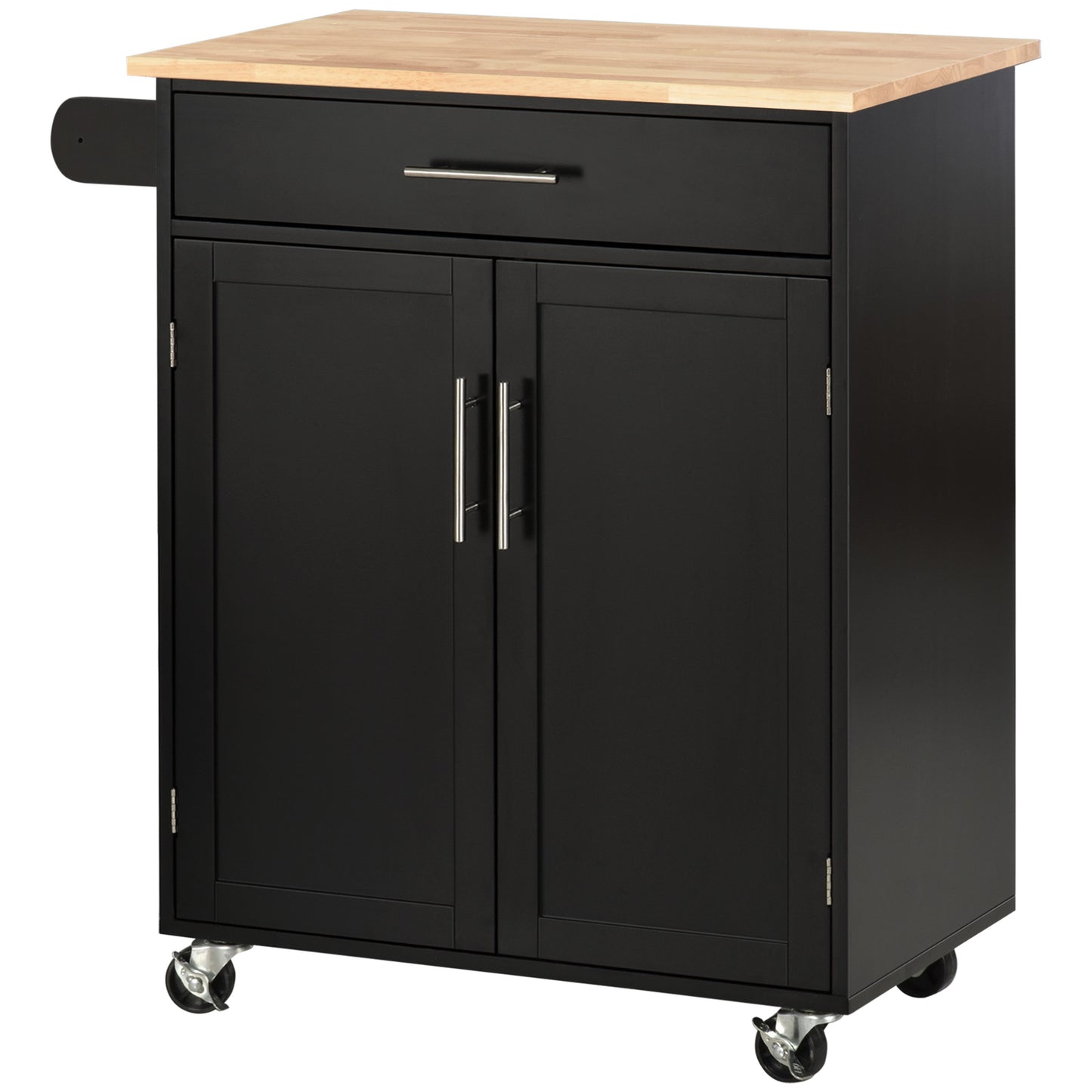 HOMCOM Kitchen Trolley with Drawer and Cabinet 2 Doors, Wheels and Side Bar, 83x45x91.5cm, Black