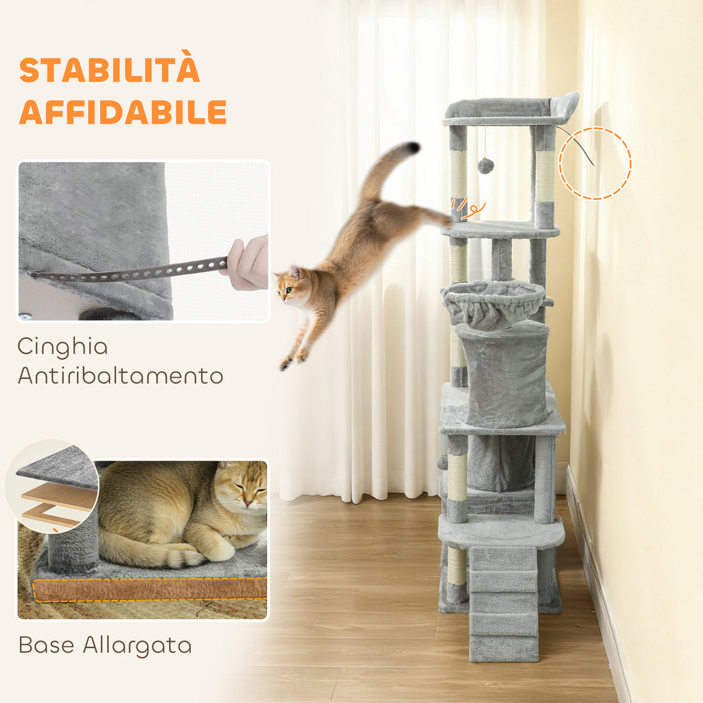 Cat Tree with 2 Houses, Hammock, Tunnel, and Bed, Sisal Poles, 60x40x170 cm, Grey