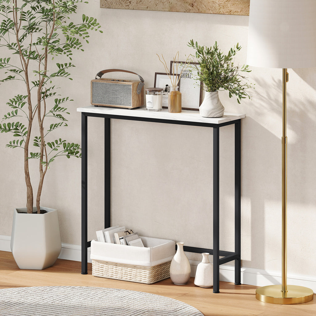 Entrance Console Table with Marble-Effect Top, in Wood and Steel, 75x24x76 cm, Black and White