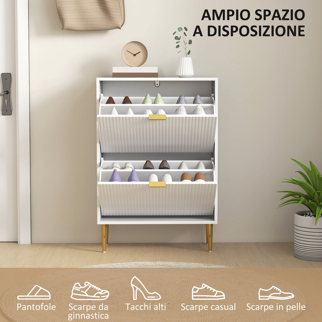 Slim Shoe Rack for 12 Pairs of Shoes with 2 Drop-Down Drawers and Adjustable Shelves, 60x24x91.5 cm, White