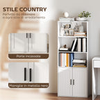 Bookcase with Open Shelves and 2-Door Cabinet with Adjustable Internal Shelf, 60x30x145.5 cm, White