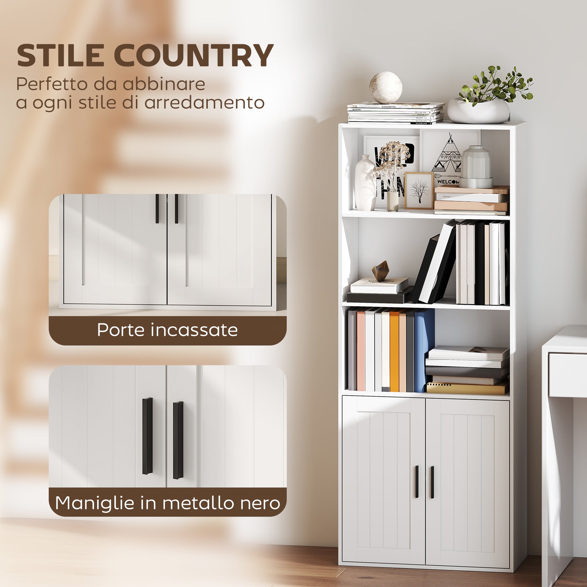 Bookcase with Open Shelves and 2-Door Cabinet with Adjustable Internal Shelf, 60x30x145.5 cm, White