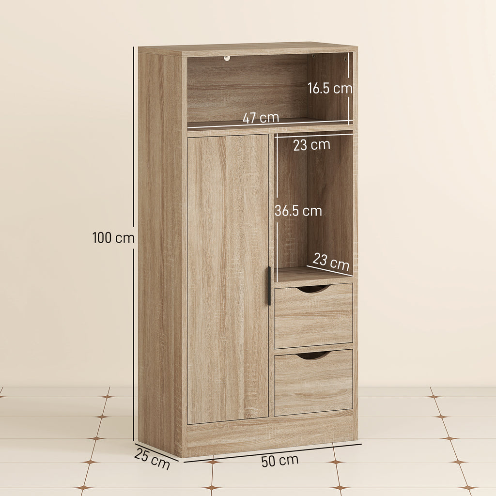 Space-Saving Slim Bathroom Cabinet with 2 Drawers, Shelves and Cabinet, 50x25x100 cm, Natural Wood
