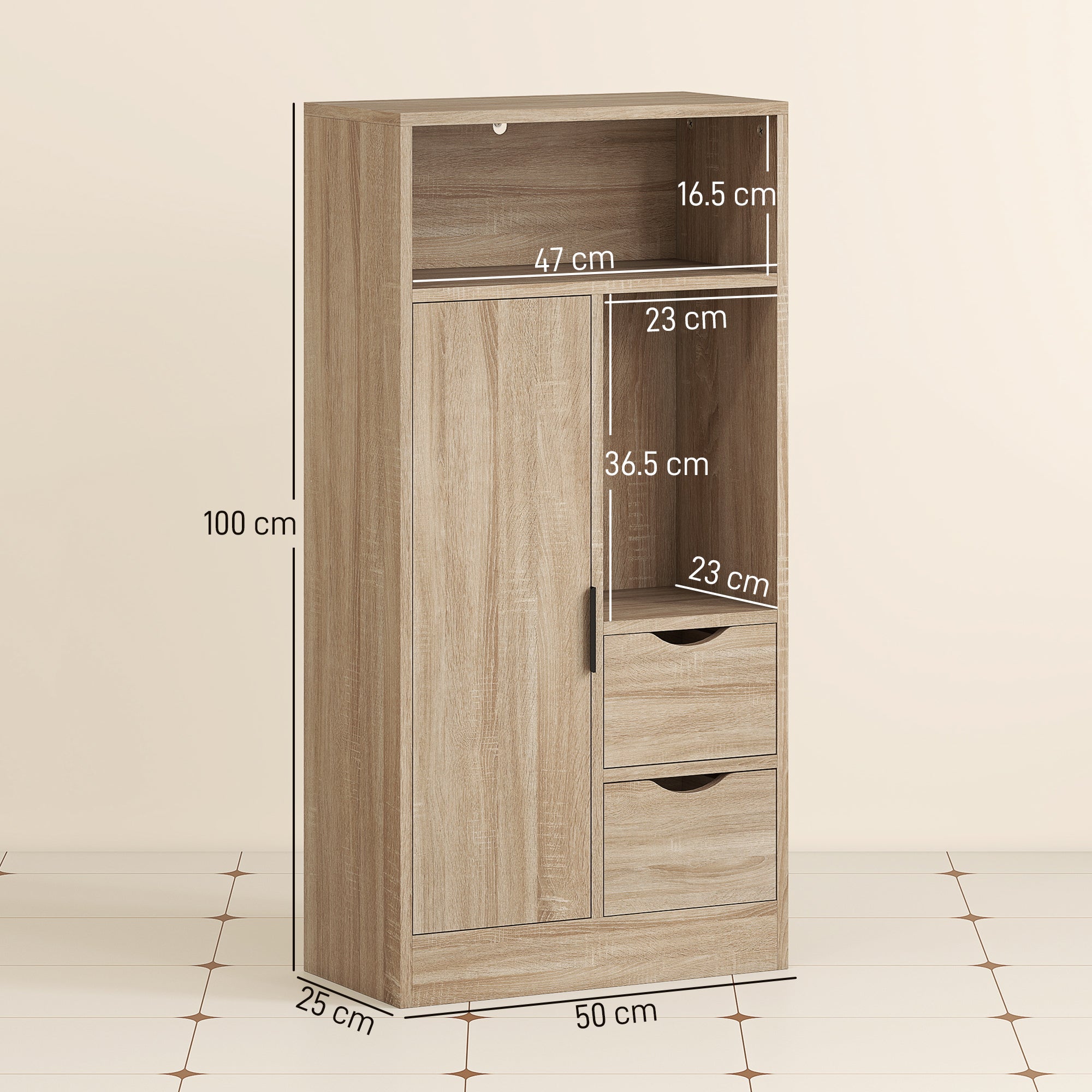 Space-Saving Slim Bathroom Cabinet with 2 Drawers, Shelves and Cabinet, 50x25x100 cm, Natural Wood