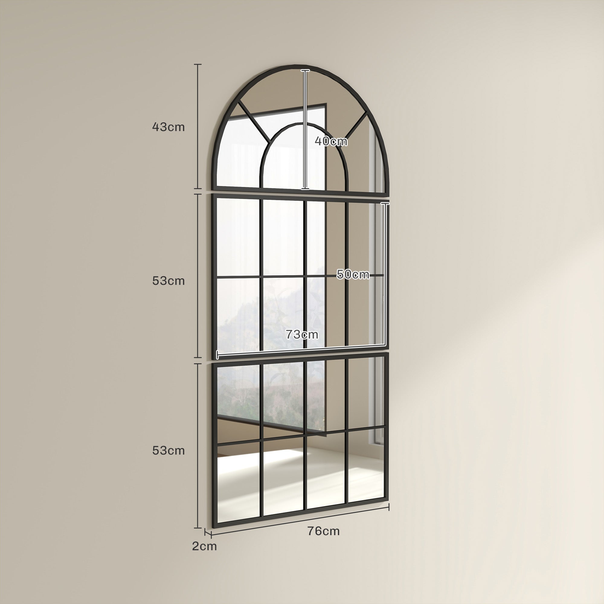 Arched Window Style Wall Mirror for Bedroom and Entrance, 76x43cm, Black