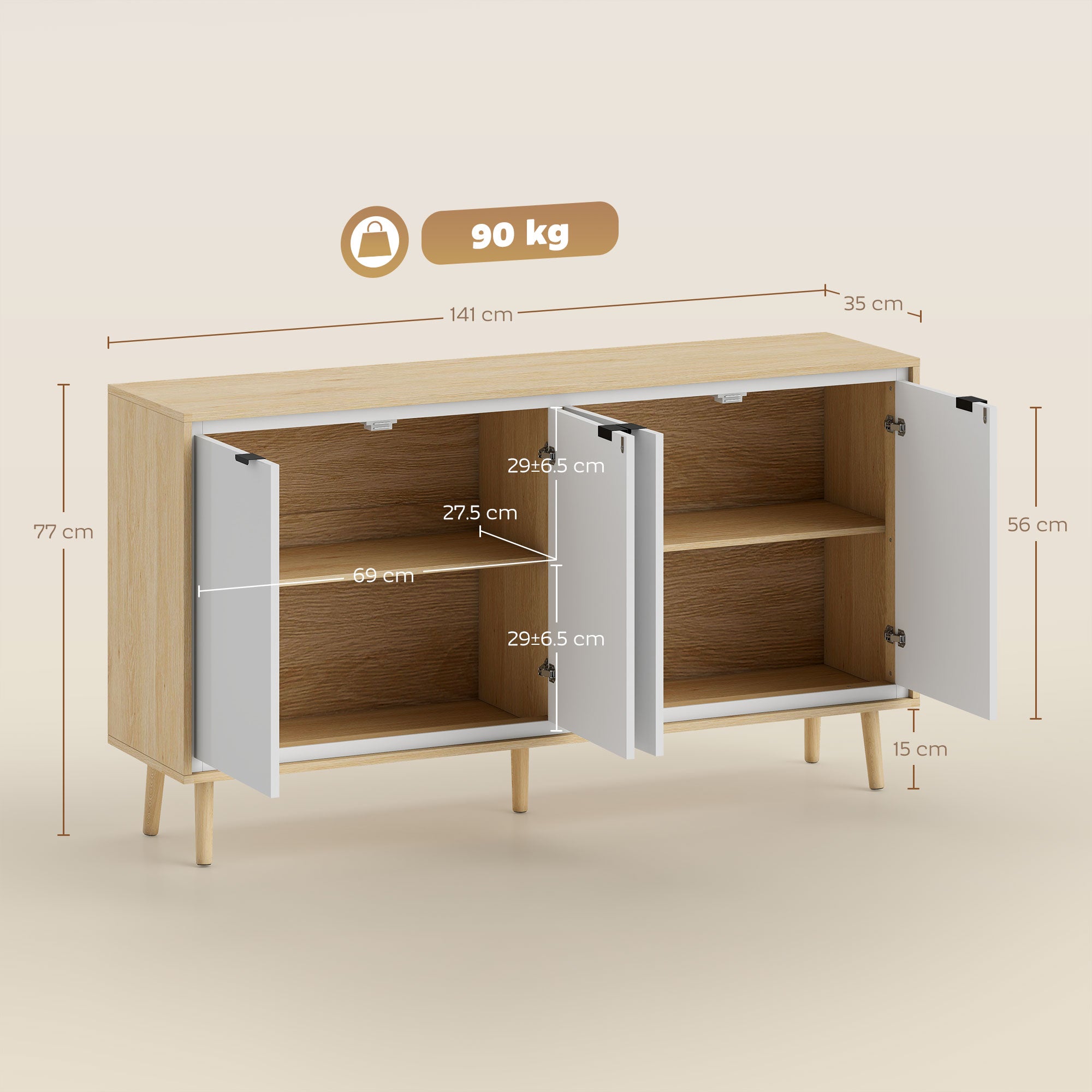 Modern 4-Door Sideboard with Adjustable Shelf, 141x35x77 cm, Gloss White and Oak