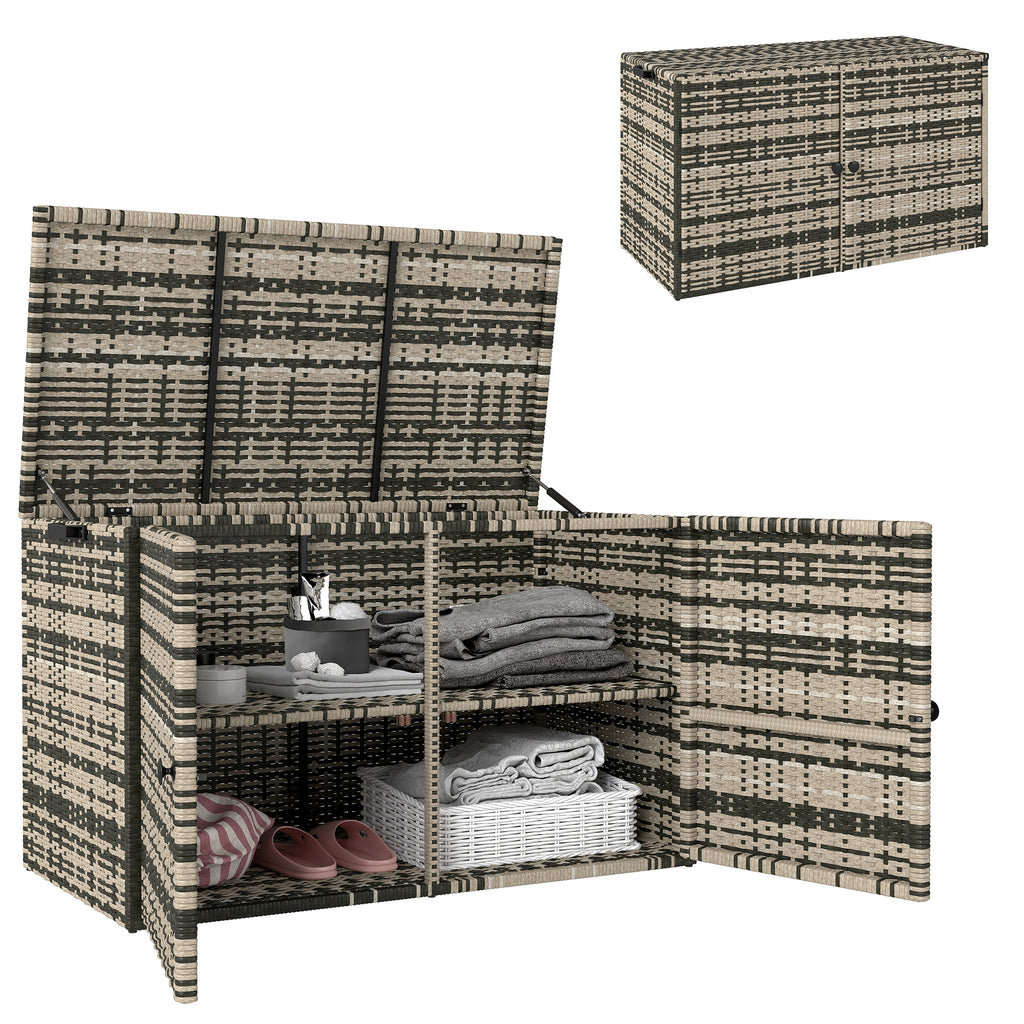 350L 2-Tier Outdoor Storage Chest with Gas Pistons, PE Rattan and Steel, 118x57x69 cm, Grey