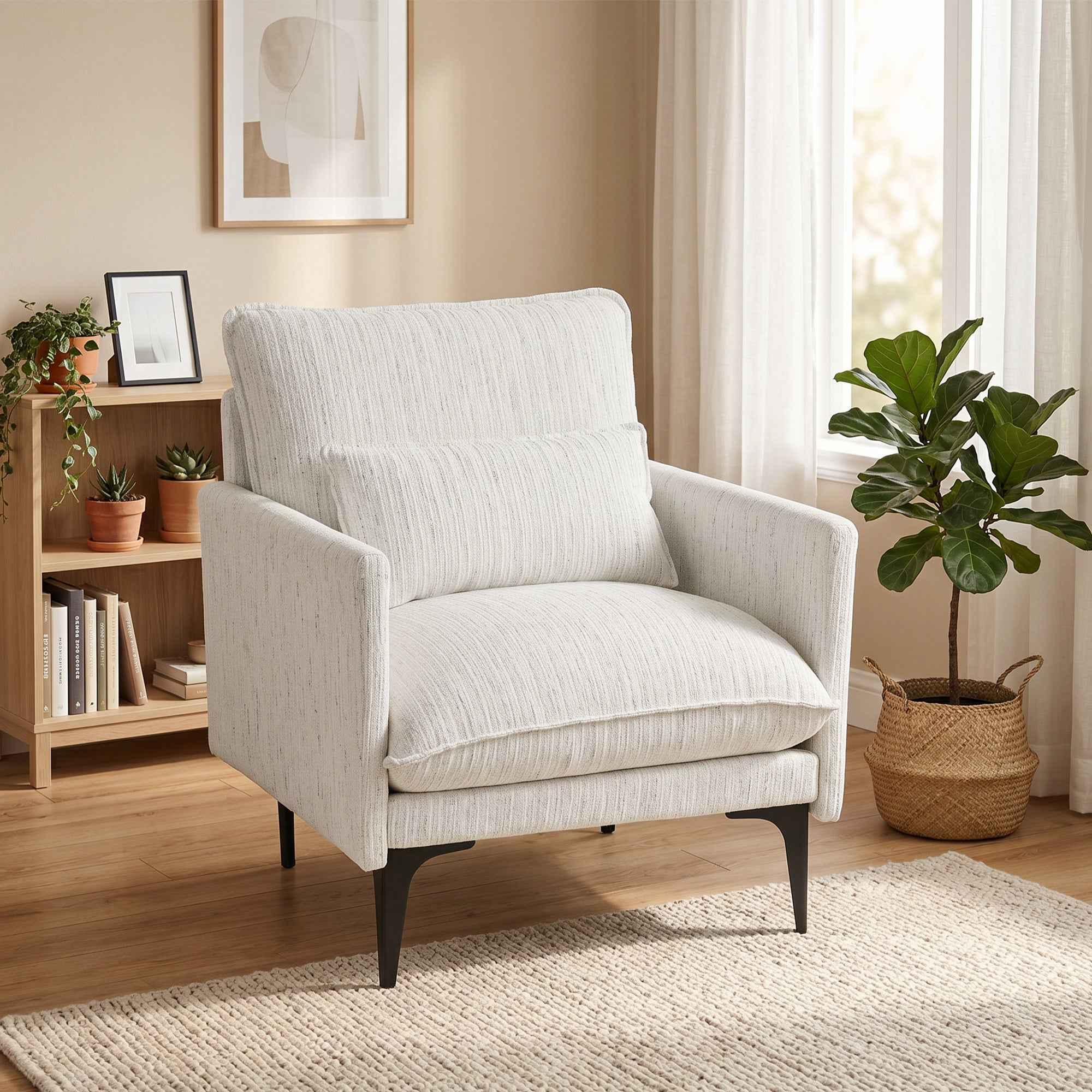 HOMCOM Linen-Effect Fabric Upholstered Living Room Armchair with Lumbar Cushion, White