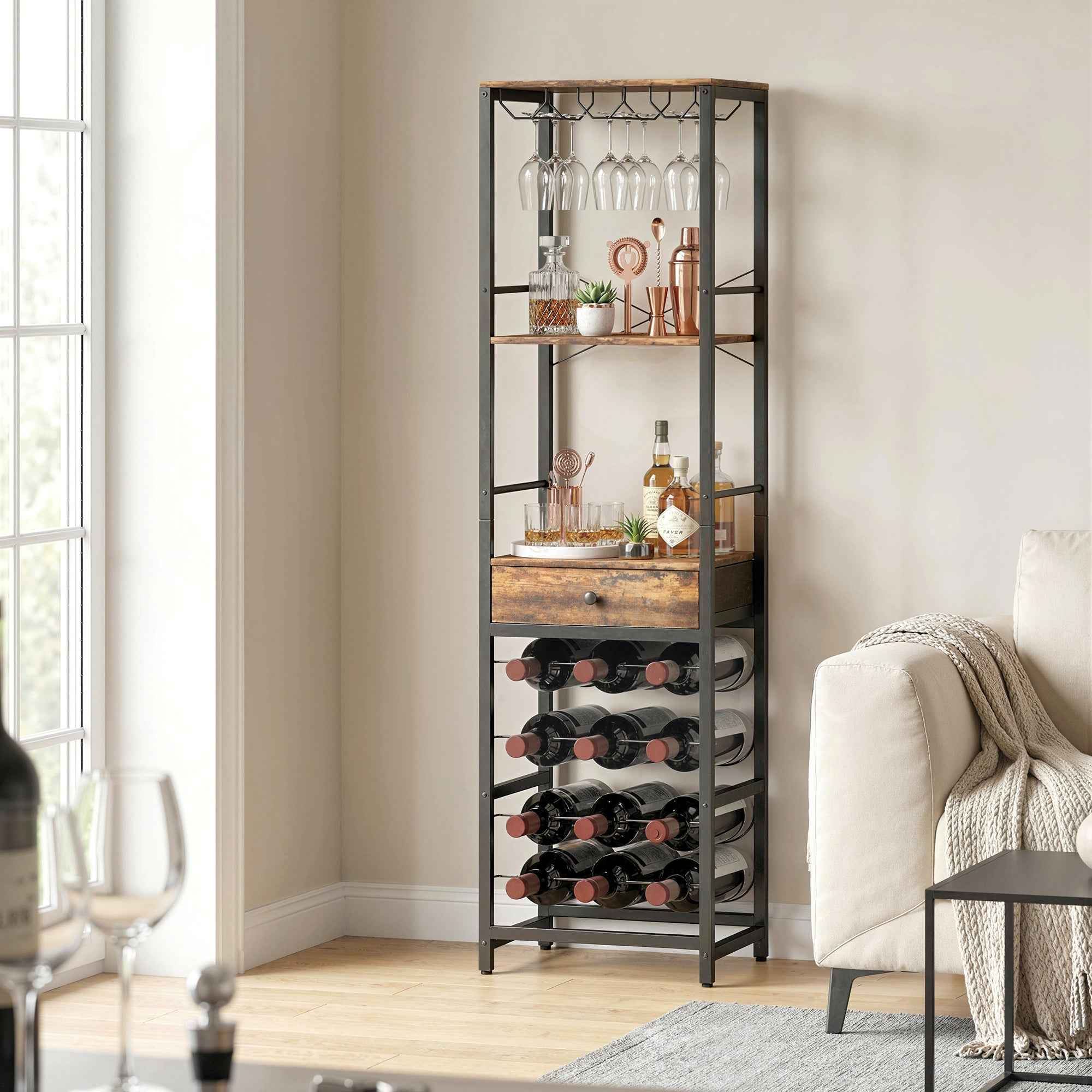 HOMCOM Mobile Bar, Bar Cabinet with Drawer, Cup Holder, Rustic Brown