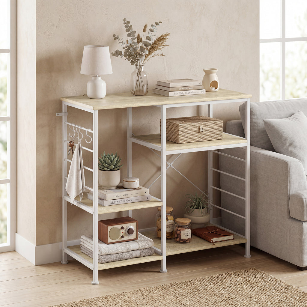 HOMCOM Kitchen Shelf with Wooden and Metal Shelves and 5 Hooks, Space-Saving, 90x39x83.5 cm, Oak