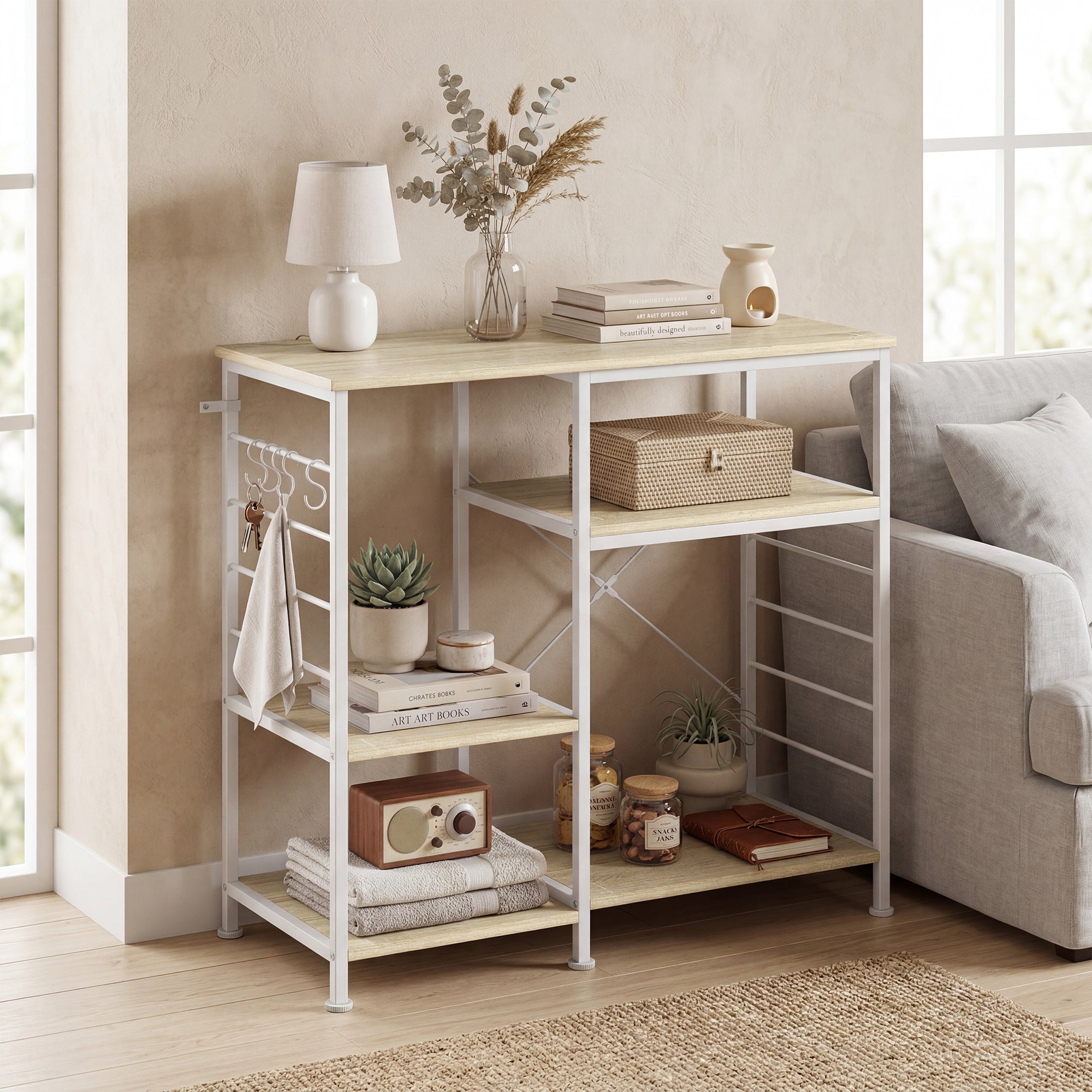 HOMCOM Kitchen Shelf with Wooden and Metal Shelves and 5 Hooks, Space-Saving, 90x39x83.5 cm, Oak