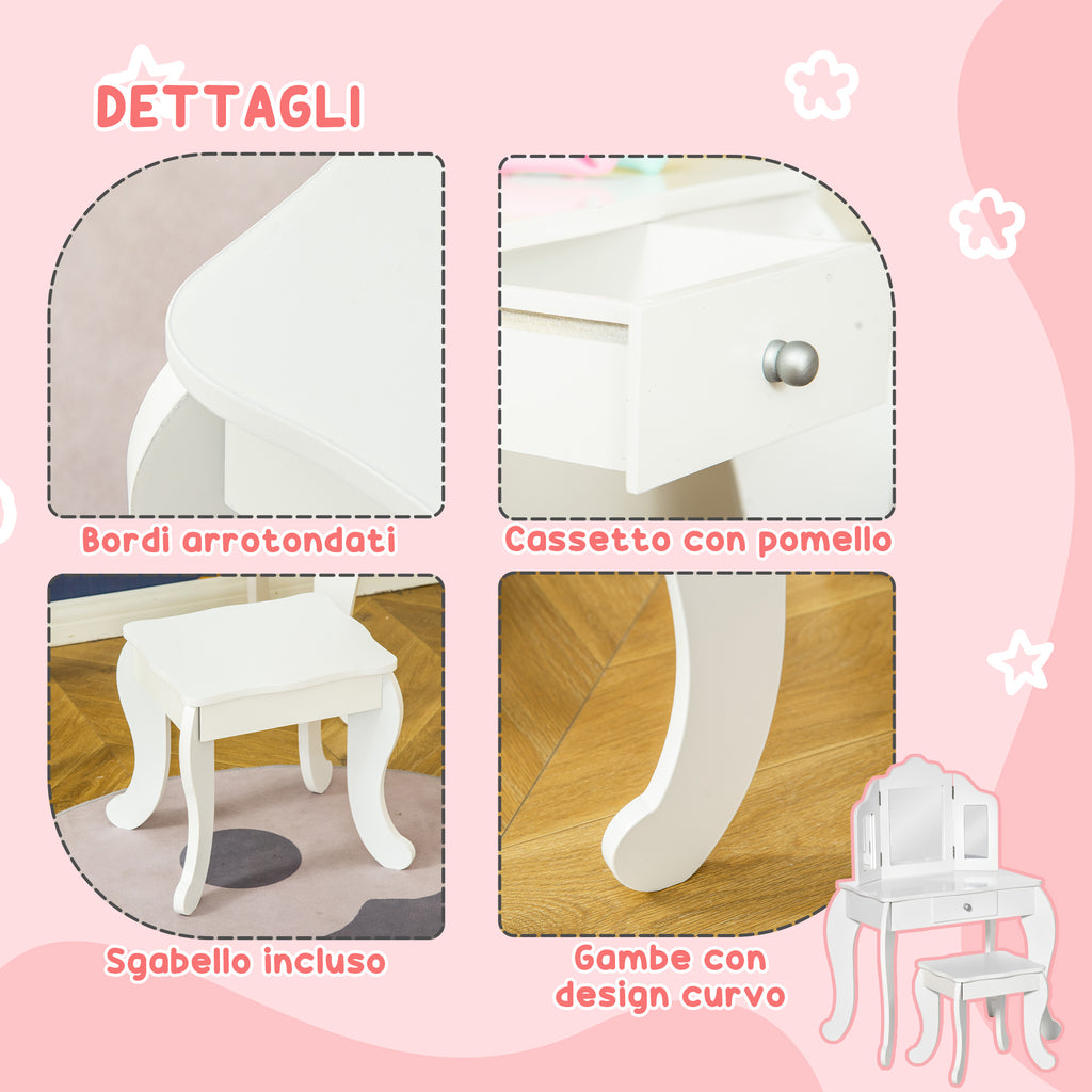 Children's Dressing Table with Stool and Triple Mirror, Wood and Acrylic, 63x40x85.5 cm, White