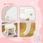 Children's Dressing Table with Stool and Triple Mirror, Wood and Acrylic, 63x40x85.5 cm, White