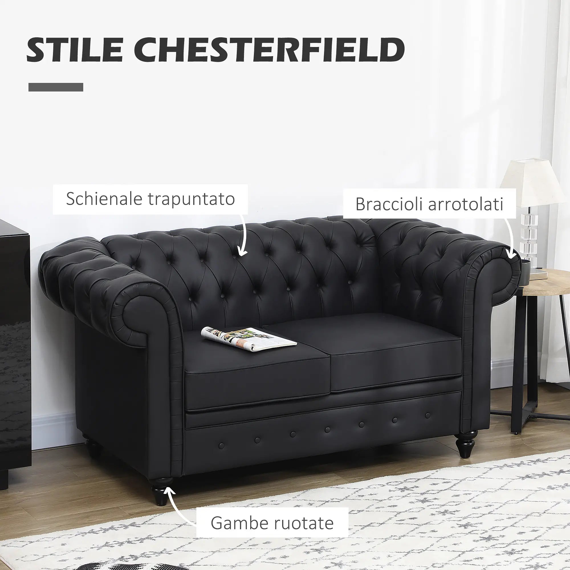 Chesterfield Style 2 Seater Sofa PU Leather with Removable Cushion, 160x84x80 cm, Black