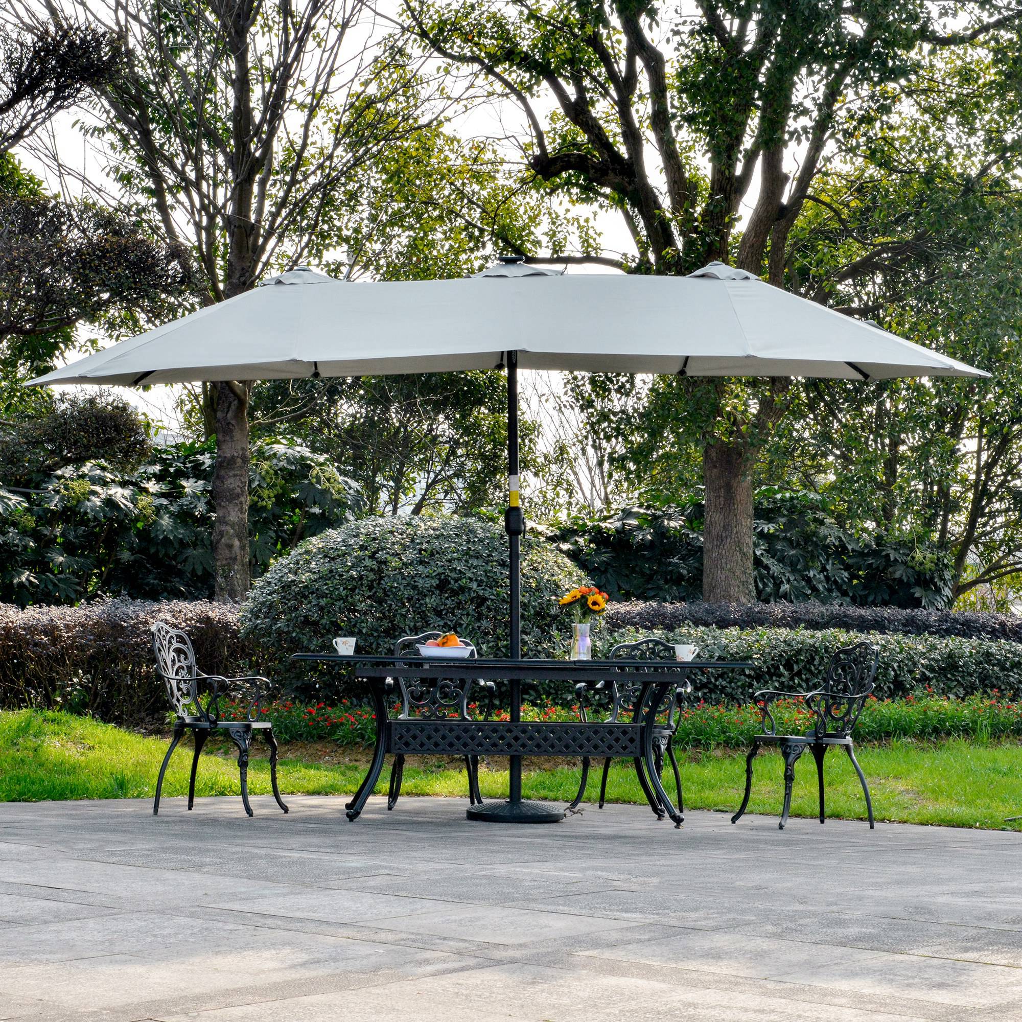 Outsunny 4.5m Double Garden Umbrella with 48 LED Lights and Crank Handle, Light Grey